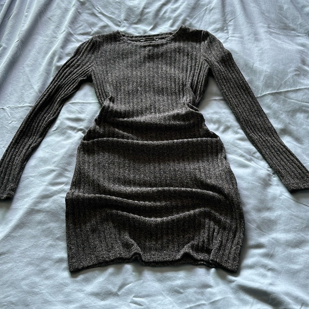 Dark Gray Black Marled Long Sleeve Mini Dress